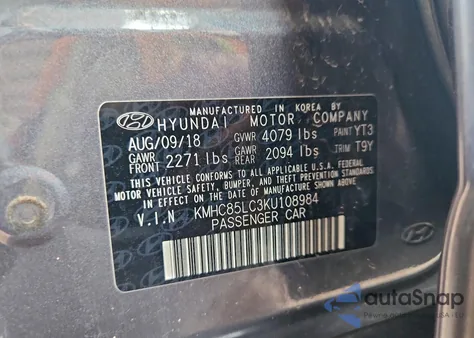 2019 Hyundai Ioniq Limited z USA, uszkodzony, nr VIN KMHC85LC3KU108984